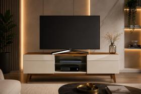 Rack TV 60 Polegadas Classic 180cm Imcal com 2 Gavetas Prateleira de Vidro Temperado Pés em Madeira Maciça Estrutura MDP