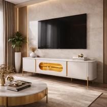 Rack TV 75 180cm Sala De Estar Com LED E Vidro Pés Em Aço MDF Juquehy Rack TV 75 180cm Sala De Estar Com LED E Vidro Pés Em Aço MDF Juquehy