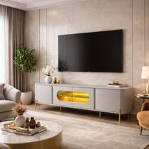 Rack TV 75 180cm Sala De Estar Com LED E Vidro Pés Em Aço MDF Juquehy