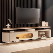 Rack TV 85 Pol 220cm 2 Portas Com LED Ária Off/Castanho - HB Móveis