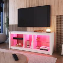 Rack Tv até 55" Gamer Prateleiras de Vidro c/ Led RGB Branco