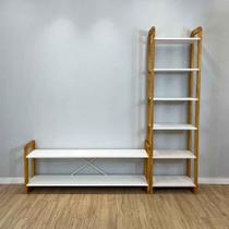 Rack TV de Madeira Pinus com Estante 6 Prateleiras Slim Linea Branco e Nozes