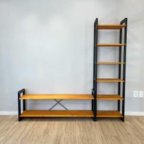 Rack TV de Madeira Pinus com Estante 6 Prateleiras Slim Linea Carvalho e Preto Rack TV de Madeira Pinus com Estante 6 Prateleiras Slim Linea Carvalho e Preto