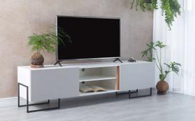 Rack Tv Moderno Mdf Branco Pé Metal Estilo Industrial 2 Portas Cinzas Crosby (183X43,6X48,5 Cm)