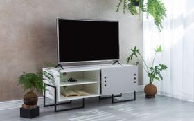 Rack Tv Moderno Mdf Branco Pé Metal Estilo Industrial Porta De Correr Cinza Crosby (123X43,6X48,5 Cm)