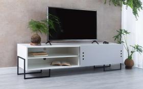 Rack Tv Moderno Mdf Branco Pé Metal Estilo Industrial Porta De Correr Cinza Crosby (183X43,6X48,5 Cm)