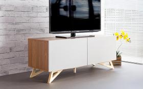 Rack Tv Retrô Freddie Mdf Freijó Pés Madeira Cor Taeda 2 Portas Cinzas (120X43,6X48,5 Cm)