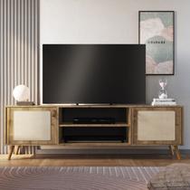 Rack Viena Com Pés De Madeira Tela Natural e Couro 160cm