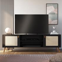 Rack Viena Com Pés De Madeira Tela Natural e Couro 180cm Rack Viena Com Pés De Madeira Tela Natural e Couro 180cm