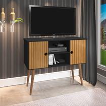 Rack Viena para Tvs de até 40 Polegadas com Pés em Madeira Maciça - 2 Portas - Preto/ripado Rack Viena para Tvs de até 40 Polegadas com Pés em Madeira Maciça - 2 Portas - Preto/ripado