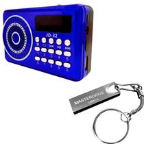Rádio FM Digital Portátil Usb Sd P2 Azul c/ Pendrive Metálico Mini Chaveiro 16GB Classe 10 Usb