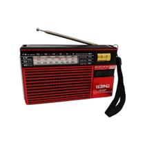 Rádio portátil fm/am/sw1-2 vermelho com lanterna e bateria recarregável le-607