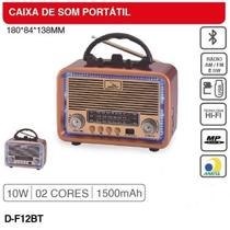 Rádio retro portátil grasep AM FM SW 10W RMS DF12BT