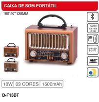 Rádio retro portátil grasep AM FM SW 10W RMS DF13BT