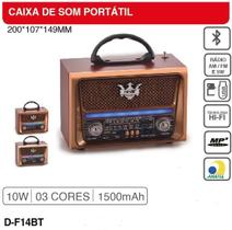 Rádio retro portátil grasep AM FM SW 10W RMS DF14BT