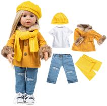 Rakki Dolli Moda Boneca Artesanal Roupas Set 5 Peça Mostarda Conjunto de casaco de inverno inclui casaco quente, camisa, jeans, chapéu de malha amarelo & cachecol de malha, roupas casual wear fits American Girls 18 polegadas Bonecas