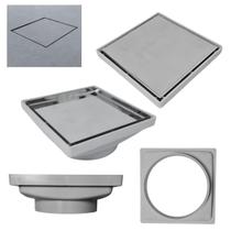 Ralo 20x20 Invisível Tampa Inox 2 em 1 Cocho Cinza Saída 6 Polegadas