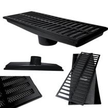 Ralo Alumínio Preto Externo 19,5 cm x 49,5 cm Coletor Saída Central para Baixo 100mm Ralo Alumínio Preto Externo 19,5 cm x 49,5 cm Coletor Saída Central para Baixo 100mm
