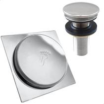 Ralo Click 10x10 Inox E Valvula Ralo De Pia 7/8 Kit Banheiro Brilhoso Tampa Ralo Quadrado 10cm E Valvula Click Escoamento Pia 30mm Lavatorio Lavabo