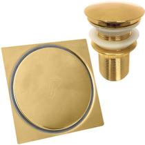 Ralo Click 10x10 Tampa Dourada Inox E Valvula Ralo De Pia 1 1/4 Dourado Kit Banheiro Ralo 10cm Valvula Click 30mm Escoamento Pia Lavatorio Gold Ouro - Dona D.cor