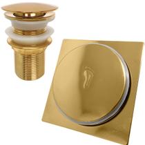 Ralo Click Dourado 10x10 E Valvula Pia Banheiro 1 1/4 Aço Inox Ralo Inteligente 10cm E Valvula Click 40mm Escoamento Pia Lavatorio Kit Banheiro Gold