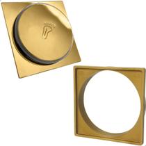 Ralo Click Dourado Inox 15x15 E Porta Grelha De Plástico Quadrado Kit Banheiro Box Caixilho Suporte Ralo Tampa Caixa Sifonada