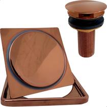 Ralo Click E Porta Grelha 10x10 Valvula Click 7/8 Aço Inox Kit Banheiro Completo Rose Gold Caixilho Quadrado 10cm Ralo Escoamento Pia 30mm