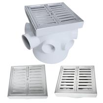 Ralo de Banheiro 15x15 Inox Abre Fecha Veneziana 15x15 Base Branco e Caixa Sifonada 150mm