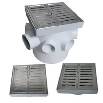 Ralo de Banheiro 15x15 Inox Abre Fecha Veneziana 15x15 Base Cinza e Caixa Sifonada 150mm