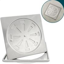 Ralo E Porta Grelha Escovado Inox 15x15 Quadrado Kit Banheiro Tampa Abre e Fecha Rotativo Com Fecho Caixilho Suporte Grelha Tampa Caixa Sifonada