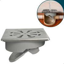 Ralo Inox Grelha Quadrado 10x10 cm Com Válvula Automatica Antirretorno Anti inseto Veda Cheiro Para Banheiro Box Lavanderia