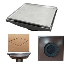 Ralo Invisível 20x20 Base Inox 304 Cola Piso Coletor Plástico Marrom Saída 100mm com Sifão