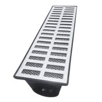 Ralo Linear 15x50 com 3 Saídas 75mm, Alumínio e Coletor Plástico para Drenagem Externa Ralo Linear 15x50 com 3 Saídas 75mm, Alumínio e Coletor Plástico para Drenagem Externa