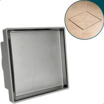 Ralo Oculto 15x15 Invisível Tampa Escovada Inox Aplicar Piso Porcelanato 15 cm Base ABS Cinza Antiodor Tampa 2 em 1 Banheiro Varanda