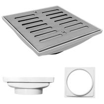 Ralo Quintal 20x20 Inox Abre Fecha Coletor Branco Saída Baixa 150mm 6 polegadas
