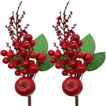 Ramos Galho Maça Vermelha Decoração De Natal 35cm Kit 6Pçs