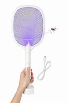 Raquete Elétrica Mata Insetos Recarregável com Base e Luz UV LED USBC Mata Mosquitos e Pernilongos 2 em 1 Portátil e Segura