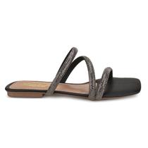 Rasteira Chinelo Tiras em Strass Prata Sandália Baixa Versátil Elegante Leve