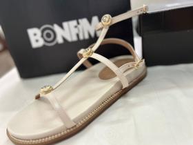 Rasteira Feminina Bonfim 257310 - Couro Branco Off com detalhe em pedras douradas