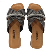 Rasteira Feminina Melshoes Cinza e Preto com Strass Rasteira Feminina Melshoes Cinza e Preto com Strass