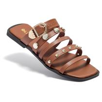 Rasteira Feminina Olzzy com Tiras e Fivela Dourada Enfeites em Metal Leve Confortável Casual