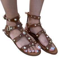 Rasteira Flat Feminina Gladiadora Couro Com Aplicações