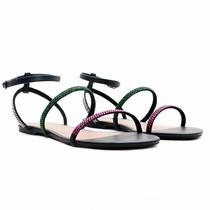 Rasteira Flat - Lucy, Preto/hot Fix Multicolor