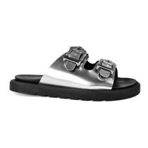 Rasteira Godiva Casual Slide Fivela Metalizada Feminina Prata