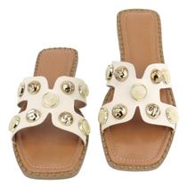 Rasteira Slide Casual Elegante Feminina Off White com Pedrarias Rasteira Slide Casual Elegante Feminina Off White com Pedrarias