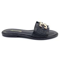 Rasteira Slide Hera Enfeite Dourado e Rafia