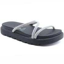 Rasteira Vizzano Flatform Tiras Strass Hotfix - Preto e Prata