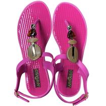 Rasteirinha BeachWear de Dedo e Regulagem em Fivela Rosa Neon Detalhe Amadeirado - ULLY