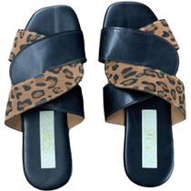 Rasteirinha Slider Preto e Animal Print Onça Feminina Verão - ULLY
