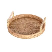 Rattan Handwoven Round High Wall Cortando bandeja com prato de armazenamento de alimentos para o café da manhã beber chá de café